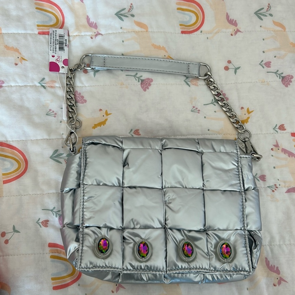 Gorgeous Bari Lynn quilted silver bag with large gem details and chain link.